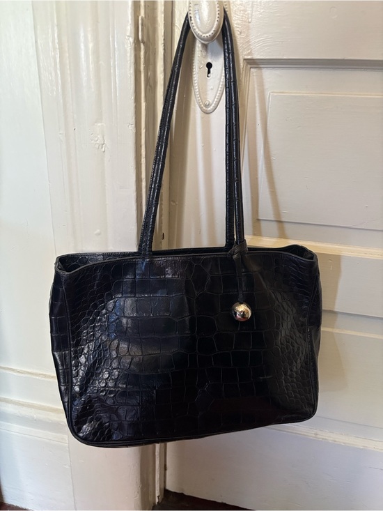 Furla Handbags - Furla Black Croc-Embossed Leather Tote with Silver Charm